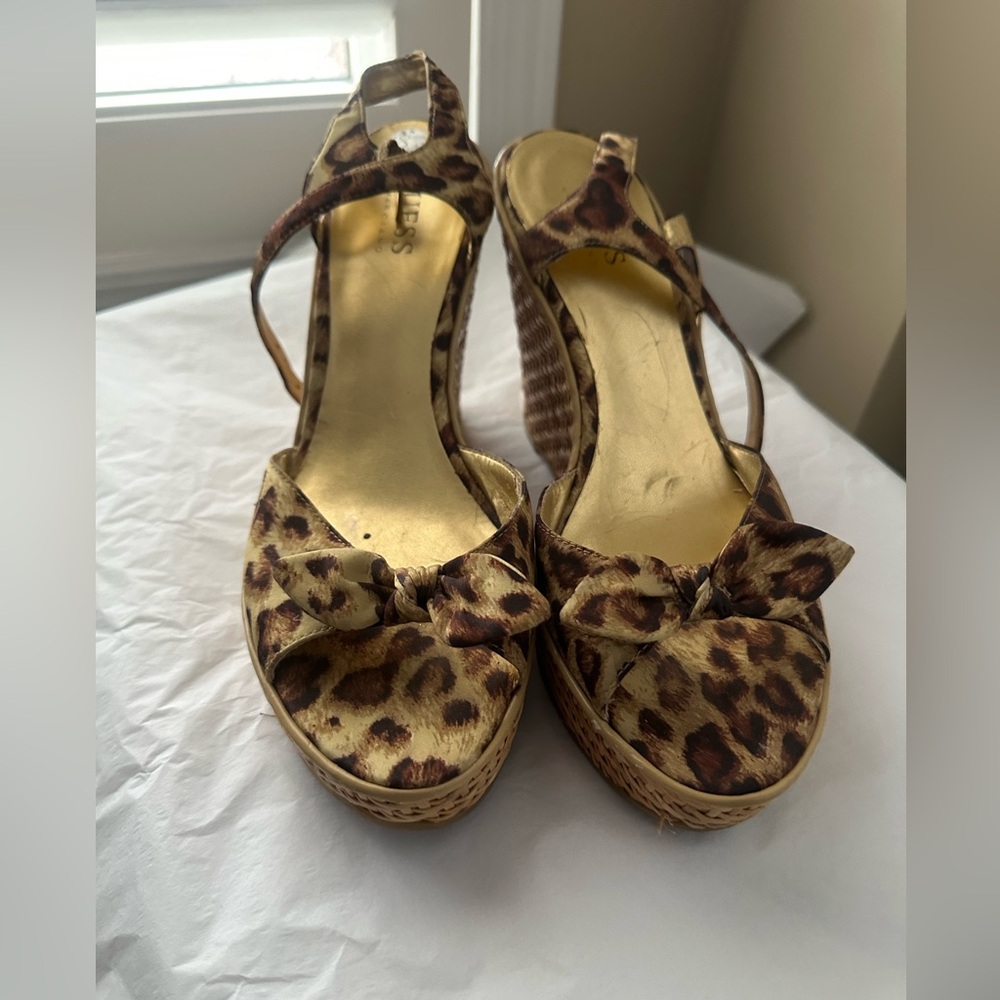 Guess Leopard-Print Bow Wedge Sandals in Brown and Gold
